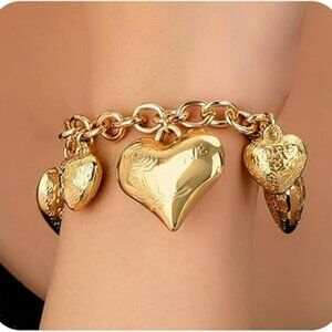 Chunky Large Heart Chain Link Bracelet Cuban Oversized Hearts Gold Color Fashion